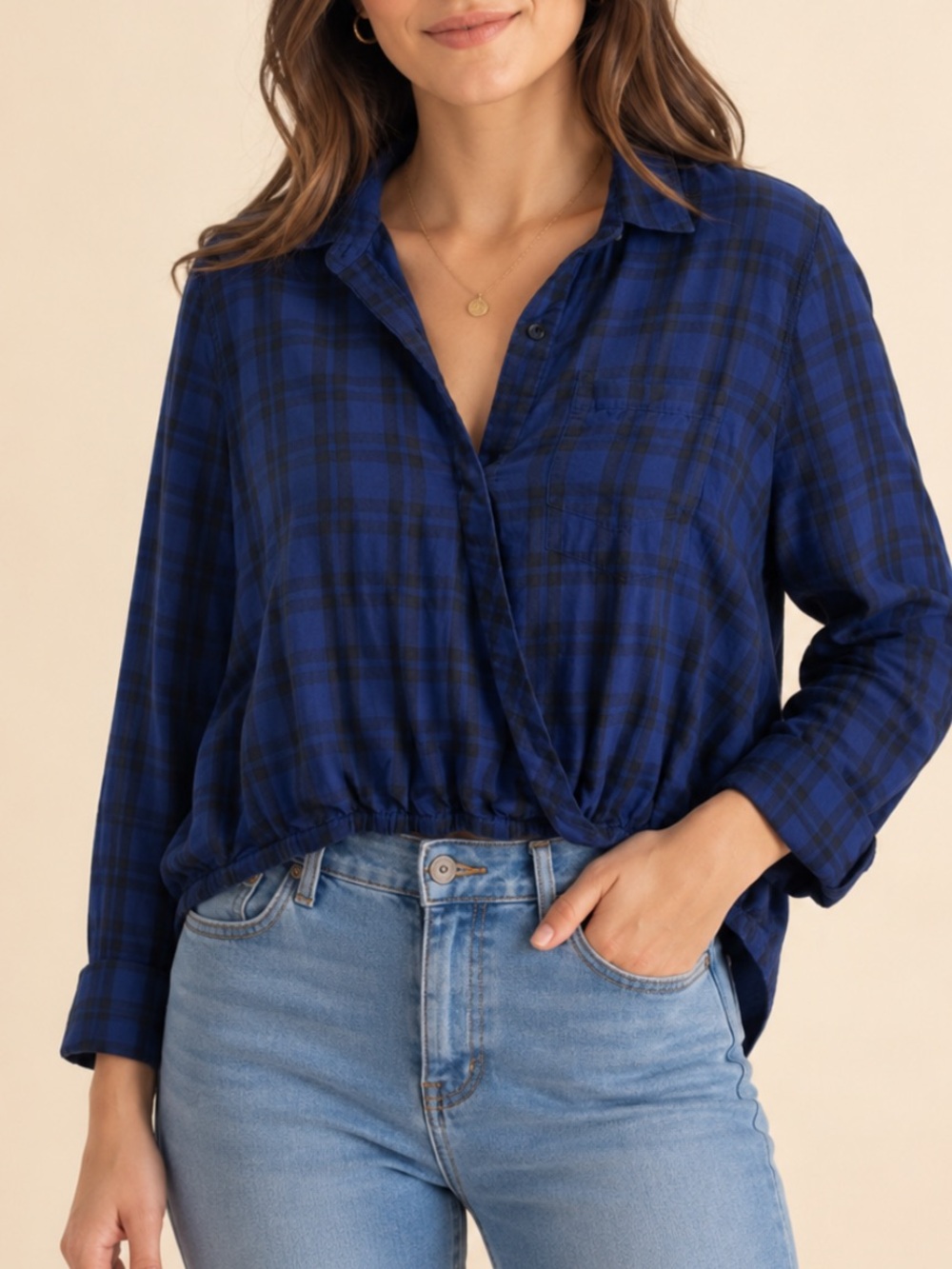 Madewell Plaid Wrap Blouse Small Blue Black Buffalo Check Long Sleeve Top Size S